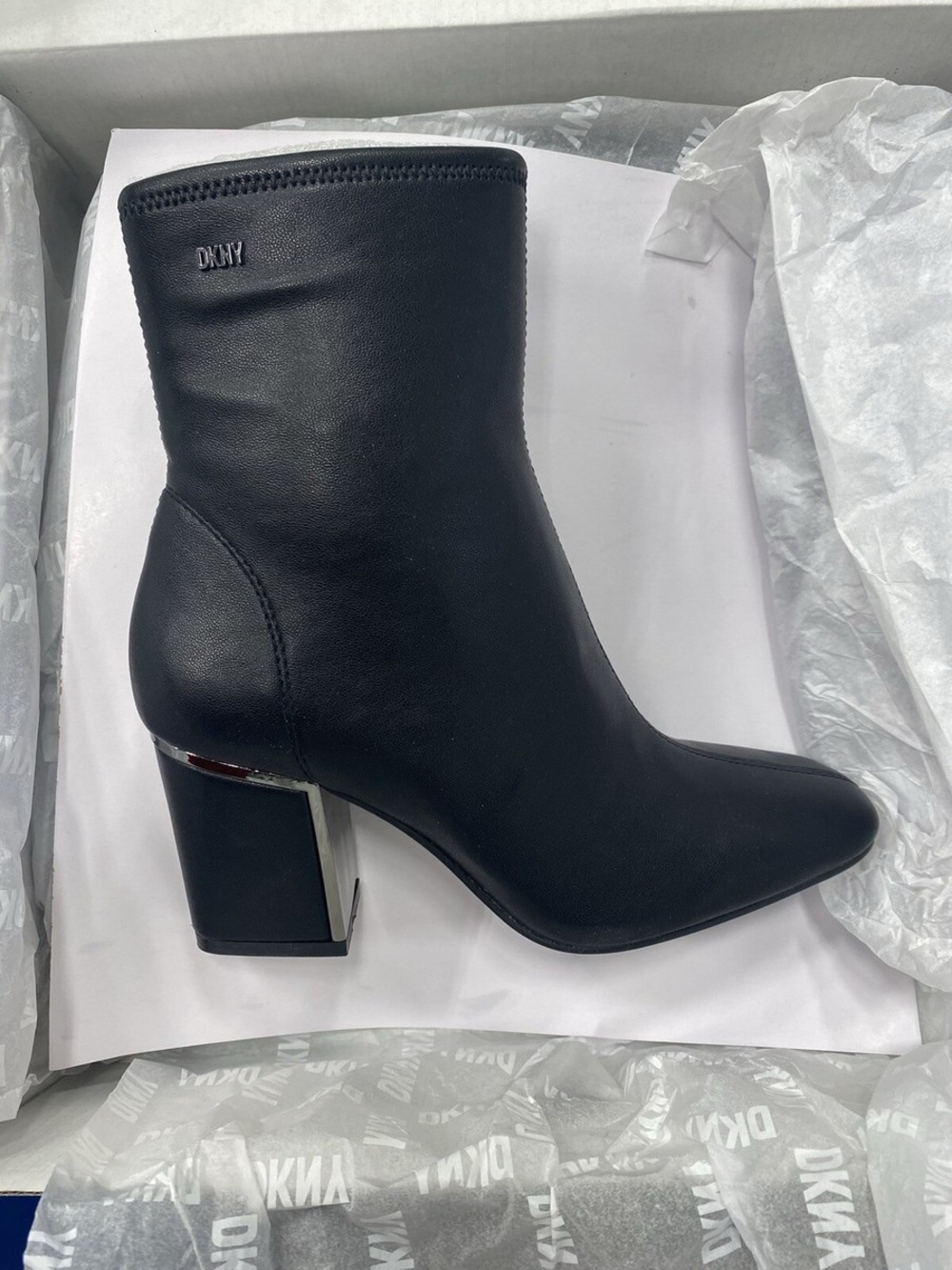 DKNY Black Leather Block Heel Ankle Boot with Metallic Accent NEW! 10